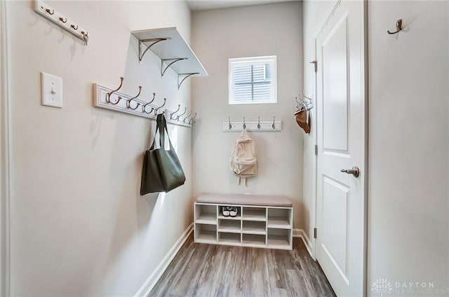 mudroom with baseboards and wood finished floors