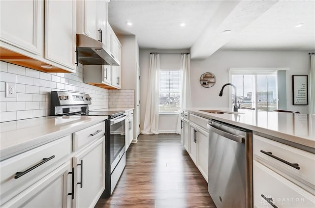 kitchen featuring under cabinet range hood, white cabinetry, stainless steel appliances, and light countertops