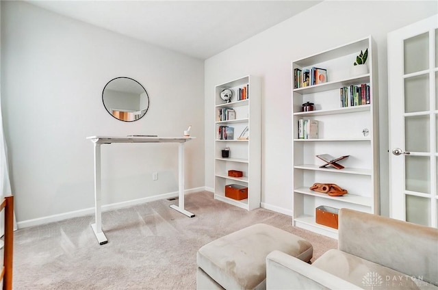 interior space with baseboards and light colored carpet