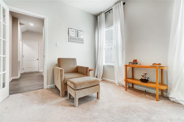 living area with carpet and baseboards