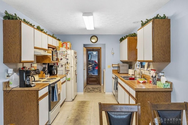 kitchen with electric range, stainless steel dishwasher, white cabinetry, a sink, and under cabinet range hood