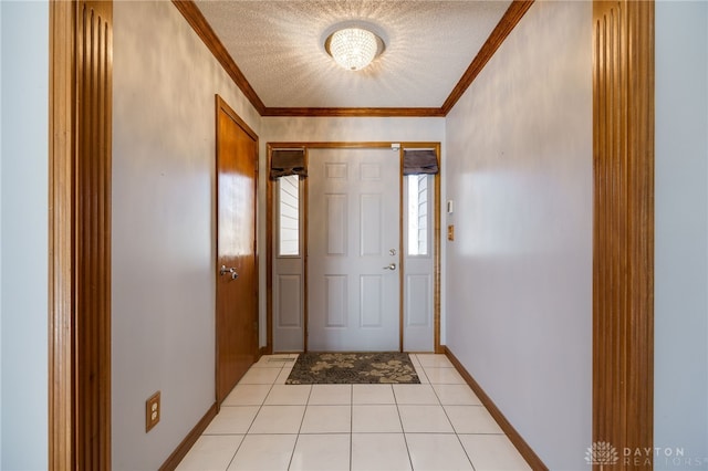 doorway to outside with light tile patterned floors, baseboards, ornamental molding, and a textured ceiling