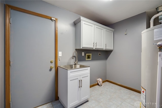 laundry room featuring washer hookup, gas water heater, a sink, electric dryer hookup, and baseboards