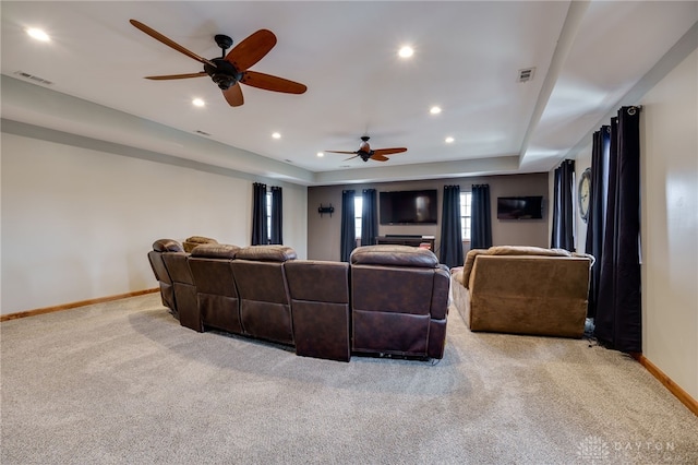 living room with recessed lighting, baseboards, visible vents, and carpet flooring