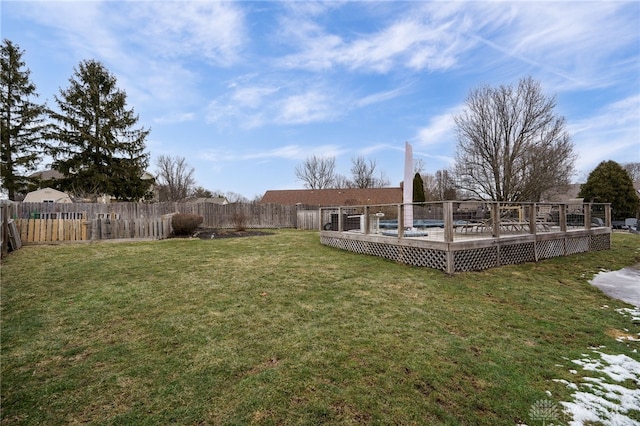 view of yard featuring a fenced backyard and a wooden deck