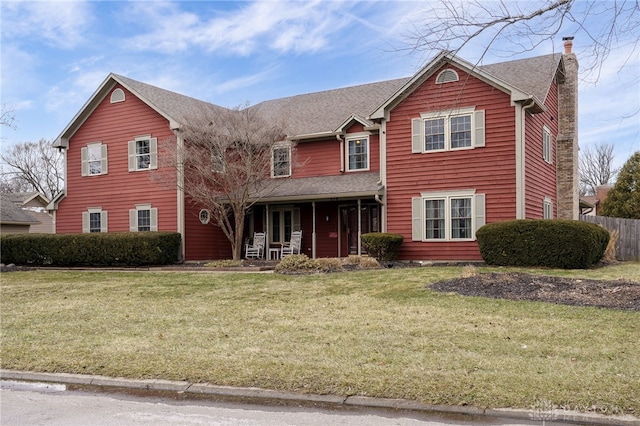 traditional home featuring a shingled roof, a chimney, a front yard, and fence