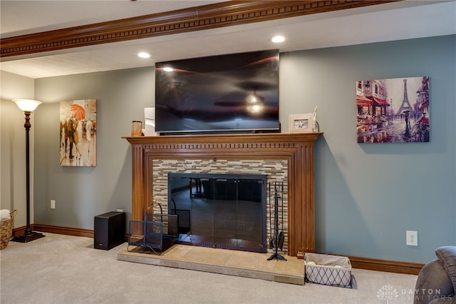 interior details with carpet floors, recessed lighting, a tiled fireplace, and baseboards