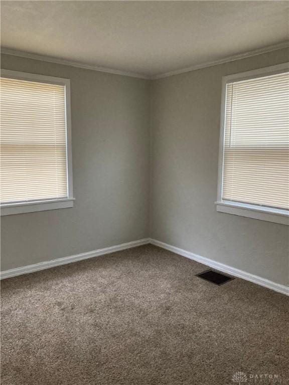 unfurnished room featuring baseboards, visible vents, carpet flooring, and ornamental molding