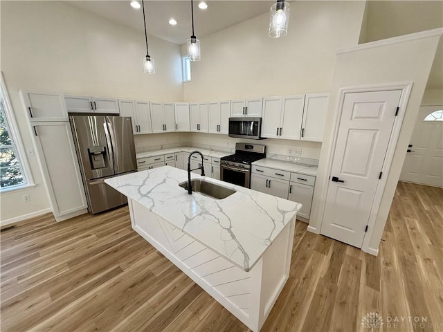 kitchen with appliances with stainless steel finishes, a sink, high vaulted ceiling, and light wood-style flooring