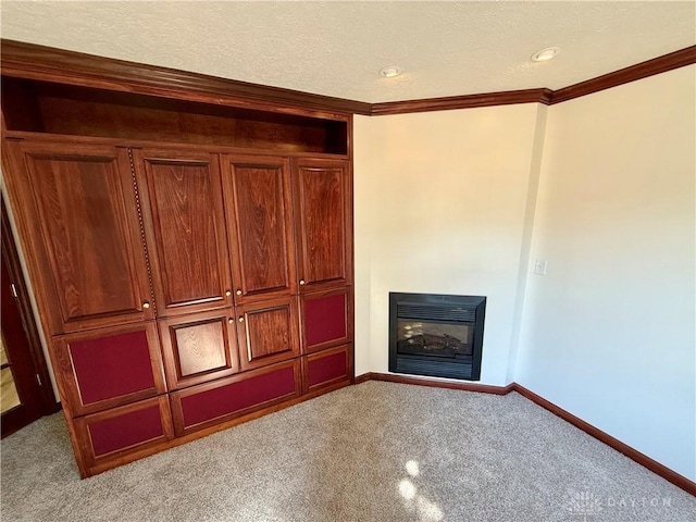 interior space featuring a glass covered fireplace, baseboards, carpet flooring, and heating unit