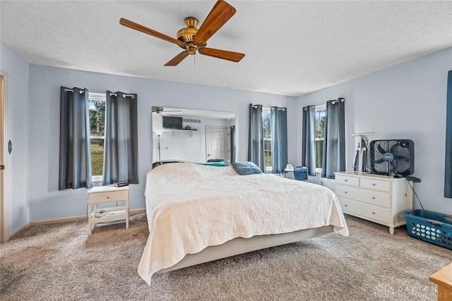 carpeted bedroom featuring a ceiling fan, multiple windows, and a textured ceiling