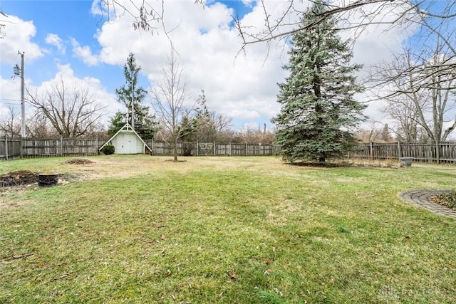 view of yard with an outbuilding and a fenced backyard