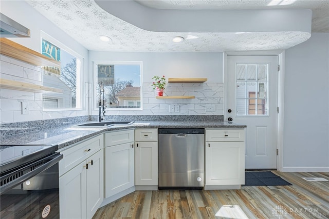 kitchen featuring a sink, light wood-style flooring, open shelves, and stainless steel dishwasher