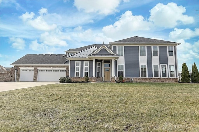 view of front facade featuring a garage, brick siding, driveway, and a front yard