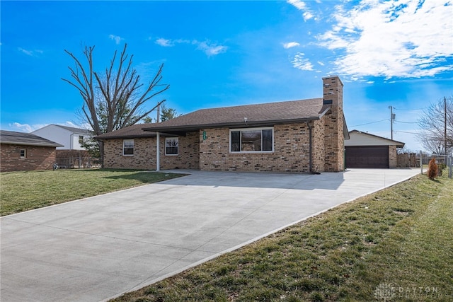 ranch-style home featuring brick siding, a chimney, a front yard, and fence