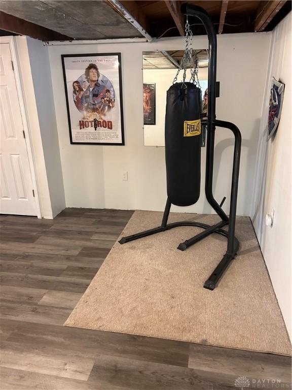 workout room featuring wood finished floors