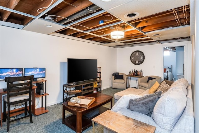 living room with carpet floors and baseboards