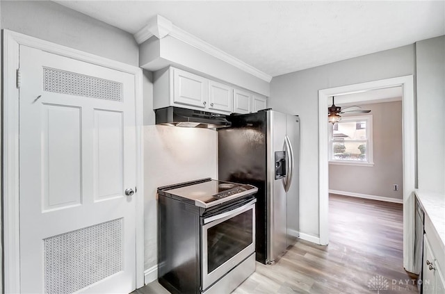 kitchen featuring baseboards, stainless steel appliances, light wood-type flooring, under cabinet range hood, and white cabinetry