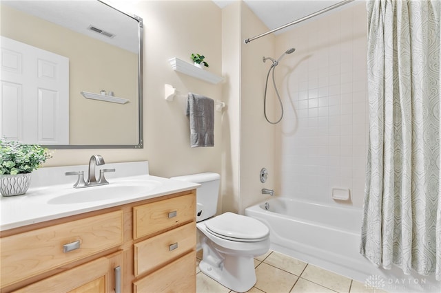 bathroom with visible vents, toilet, tile patterned floors, shower / bathtub combination with curtain, and vanity