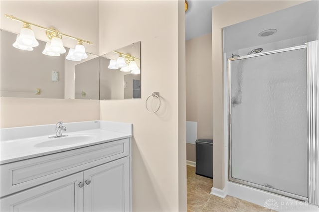 bathroom featuring a stall shower, tile patterned floors, and vanity