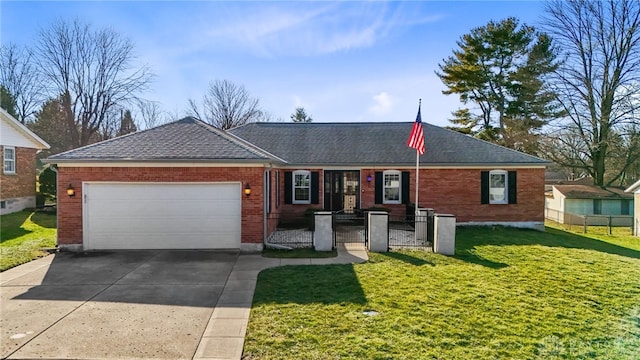 ranch-style house featuring concrete driveway, an attached garage, a front lawn, and fence