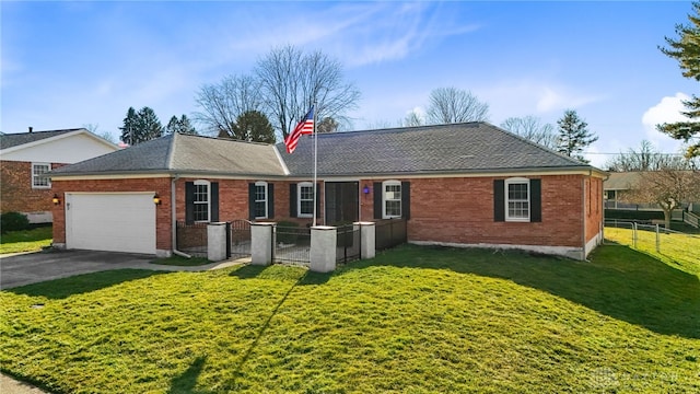 ranch-style house with brick siding, an attached garage, fence, driveway, and a front lawn