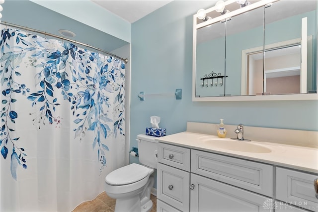 full bath featuring toilet, a shower with curtain, tile patterned flooring, and vanity