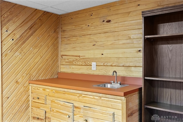 bar featuring indoor wet bar, a sink, and wooden walls