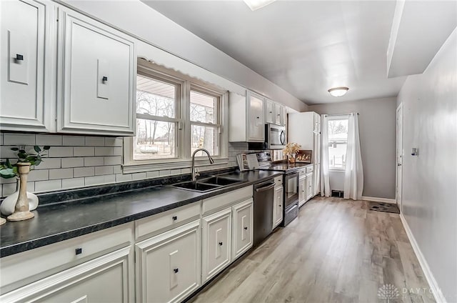 kitchen featuring stainless steel appliances, a sink, baseboards, backsplash, and dark countertops