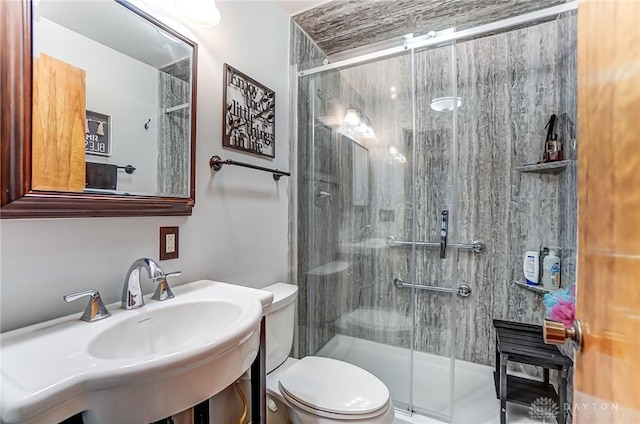 bathroom featuring a sink, a shower stall, and toilet