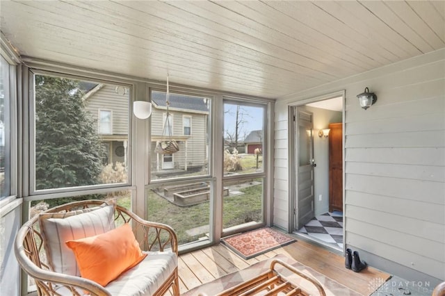 sunroom with wood ceiling