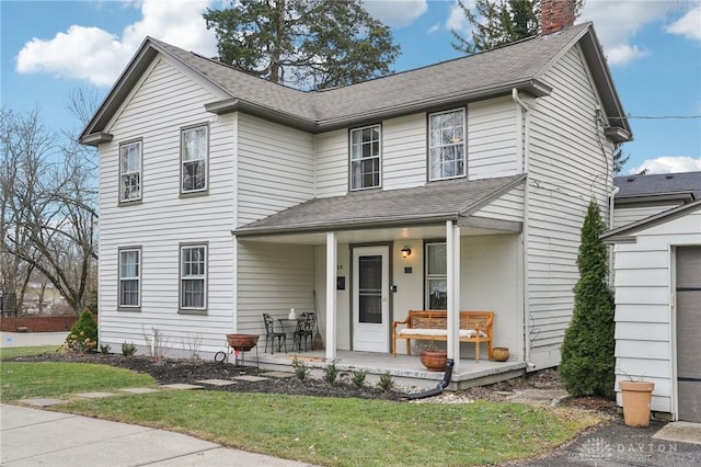 traditional-style home featuring a chimney, a porch, and roof with shingles