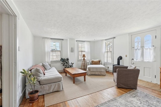 living room with wood-type flooring, baseboards, and a textured ceiling