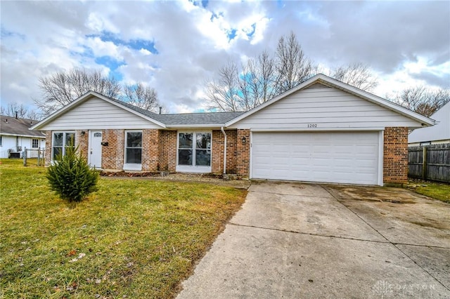 ranch-style house with driveway, a garage, fence, a front lawn, and brick siding