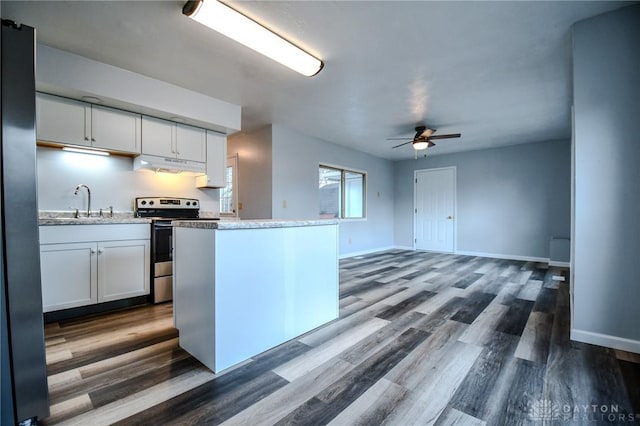 kitchen featuring under cabinet range hood, electric range, white cabinets, and a sink