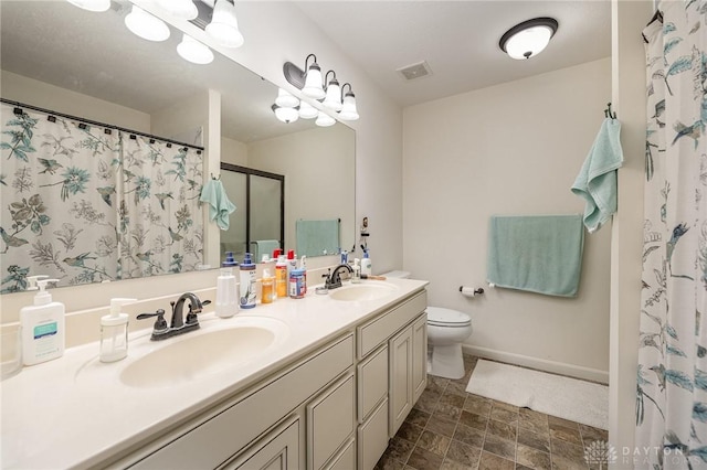 full bathroom with a shower with curtain, visible vents, a sink, and double vanity