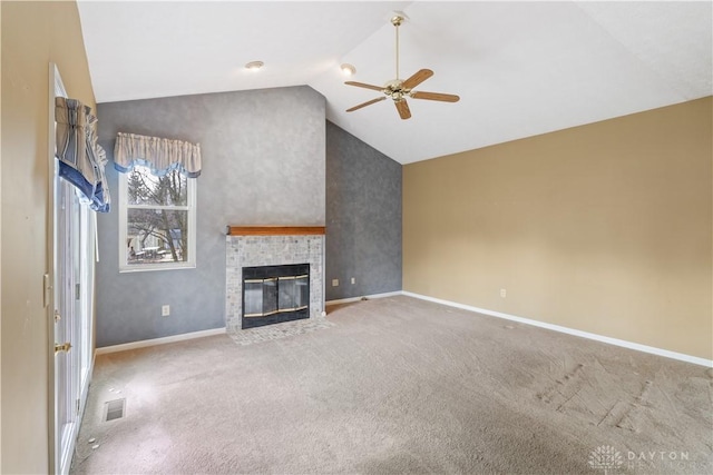 unfurnished living room featuring a fireplace, visible vents, a ceiling fan, carpet flooring, and baseboards