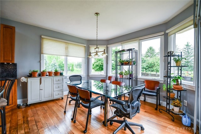 dining room with light wood finished floors and baseboards