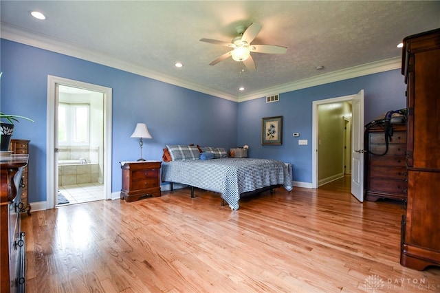 bedroom featuring recessed lighting, visible vents, baseboards, ornamental molding, and light wood finished floors