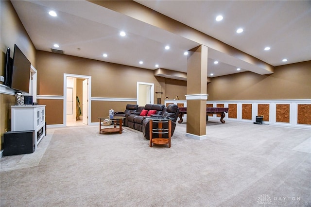 interior space with light carpet, visible vents, and recessed lighting