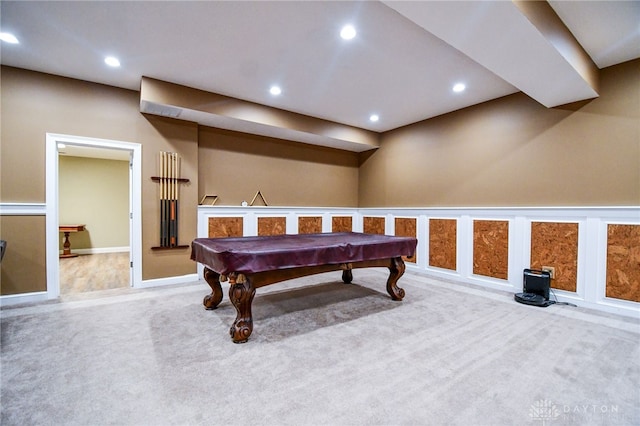 game room featuring carpet, a wainscoted wall, recessed lighting, pool table, and a decorative wall