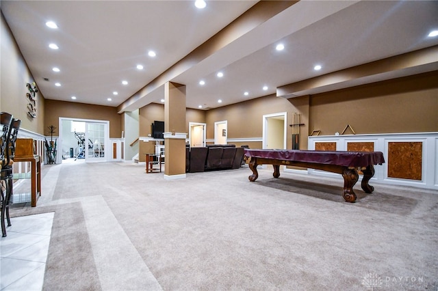 playroom featuring billiards, light colored carpet, and recessed lighting