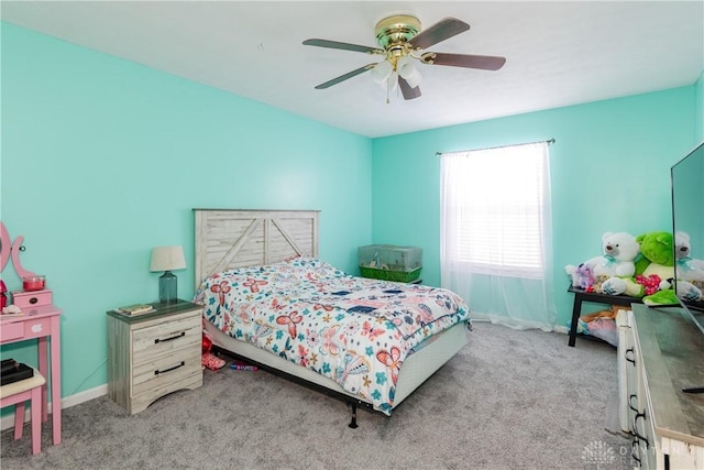 bedroom featuring a ceiling fan, baseboards, and carpet flooring