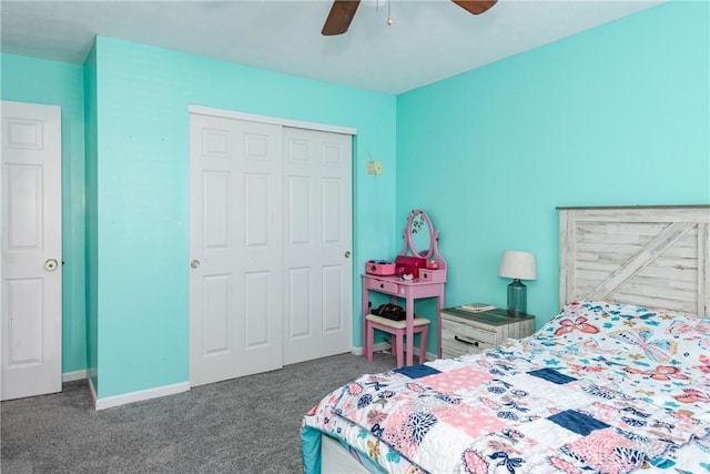 carpeted bedroom with a closet, a ceiling fan, and baseboards