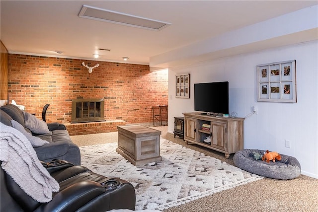 living room featuring a brick fireplace, carpet flooring, visible vents, and brick wall