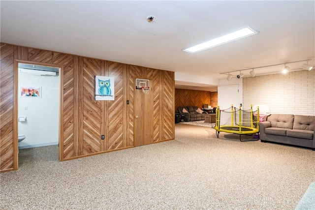 living area featuring carpet floors, rail lighting, and wooden walls