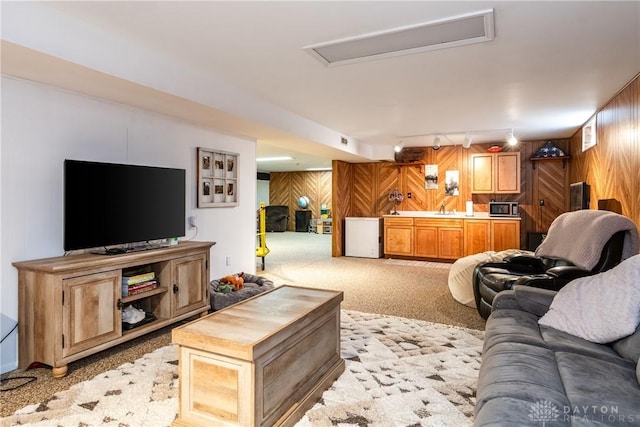 living area with light colored carpet, wood walls, and track lighting