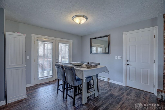 dining area with dark wood-type flooring, french doors, and baseboards