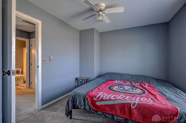 bedroom featuring carpet flooring, ceiling fan, visible vents, and baseboards