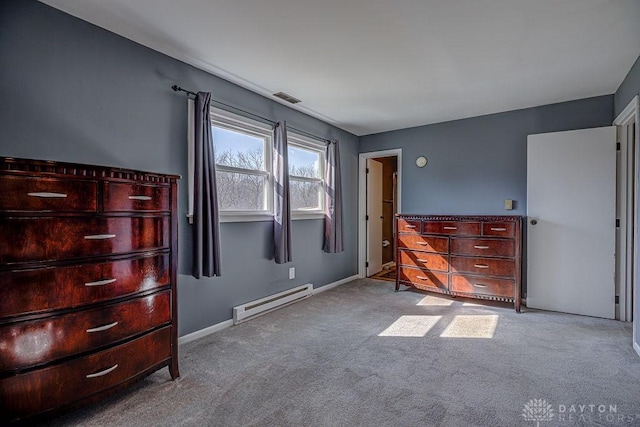 bedroom featuring a baseboard radiator, carpet flooring, visible vents, and baseboards